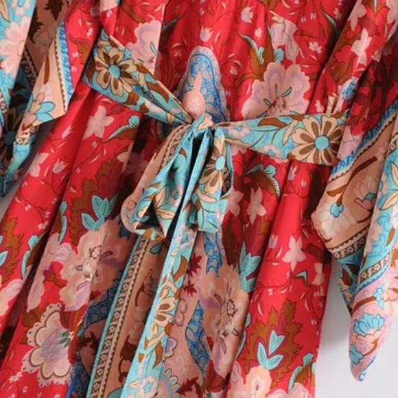 Boho Kimono Dress Floral Print Midi Gypsy Red - Picture 9 of 11